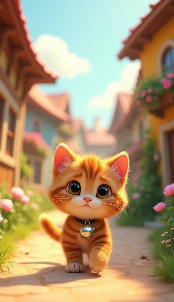 Cartoon anime 3D characters of A cute tabby cat with a shiny silver bell on her collar walks through a sunlit village street. The bell jingles as she steps, catching the light. The background shows cozy cottages and blooming flowers.