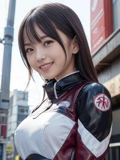 Japanese female, (underweight), (medium bust best quality:1.5), 30 years old, (cheerful grin:1.3),big city, rider suit