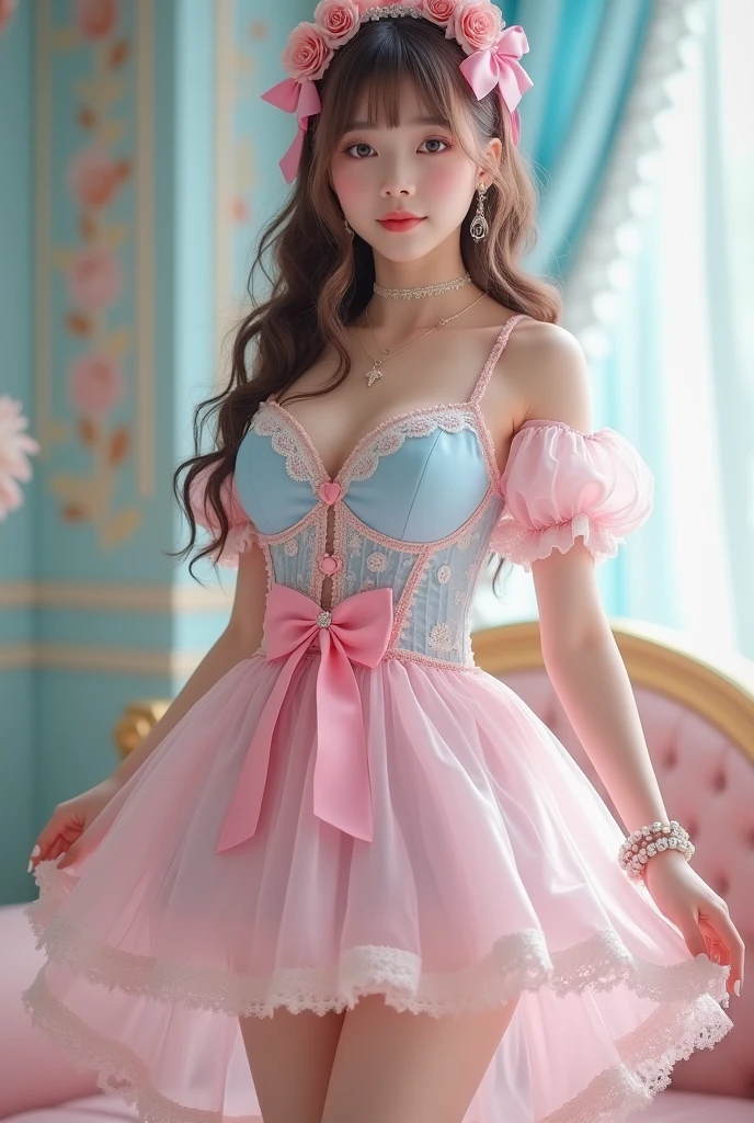 (Highest quality、masterpiece、8k、Best image quality、Hyperrealism、Award-winning works)、1 cute beautiful girl、(alone:1.1)、(1 photo:1.1)、(cute, Girlish, A high-end, sheer, light pink and light blue Lolita princess dress.:1.2)、(Cute girly big ribbon:1.1)、(Cute and luxurious hair accessories:1.1)、(A perfect see-through Lolita short dress with attention to detail:1.3)、(A cute dress with frills and ribbons:1.1)、(cute lolita dress with lace decorations:1.1)、(Cute Girlish lolita wavy hair:1.1)、(Low length:1.1)、(height: 140cm:1.1)、(Very large breasts:1.5)、(Glamorous Body:1.5)、(Big cleavage:1.5)、(Pink Roses:1.1)、(cute heart symbol:1.1)、Cute Lots of frills、(Big cute ribbon:1.1)、Accentuate your body lines、Slender body、Standing Elegantly、(Pastel color Girlish and luxurious lolita room background:1.1)、(A fairytale lolita room with attention to detail:1.1)、(cute light blue decorative wall:1.2)、(cute room with a Girlish atmosphere in pastel colors:1.1)、(cute room with very bright and shiny pastel colors:1.4)、(A very bright and shiny room:1.2)、(Full of pastel colors:1.2)、(very bright and vivid:1.4)、(cute pastel color wall decoration:1.2)、Blurred Background、Standing Elegantly Girl、Accurate ???????、(Perfect Makeup:1.1)、Long eyelashes、Glossy Lips、Ultra HD glossy skin、(Ultra-high definition, bright and beautiful skin:1.2)、(Super bright and radiant skin:1.2)、Ultra-high definition glossy lips、Ultra-high definition beautiful teeth、Light brown and blonde hair、Light brown eyes , beautiful legs, pink panties.