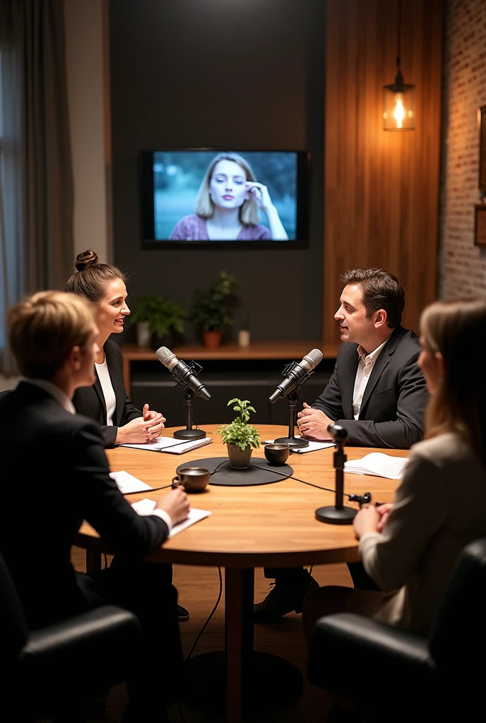 a television screen with a microphone and video camera on each side, encima de la pantalla, There is a stylized silhouette of a group of young people chatting