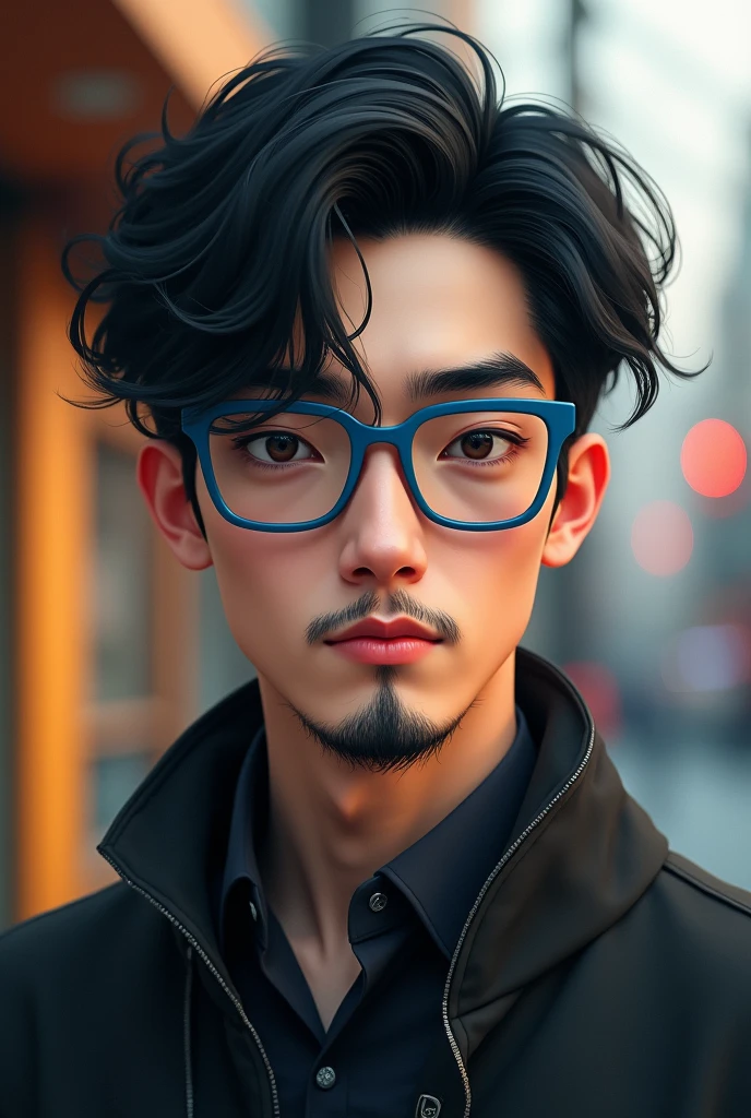 I'm a guy with short, black, wavy hair with an American cut., with very black eyebrows, round face with a little cheeks, lips a little thick, I wear blue framed glasses with square lenses. I'm 2 and I like games, thin black mustache and beard. In a somewhat Asian style I don't wear earrings.