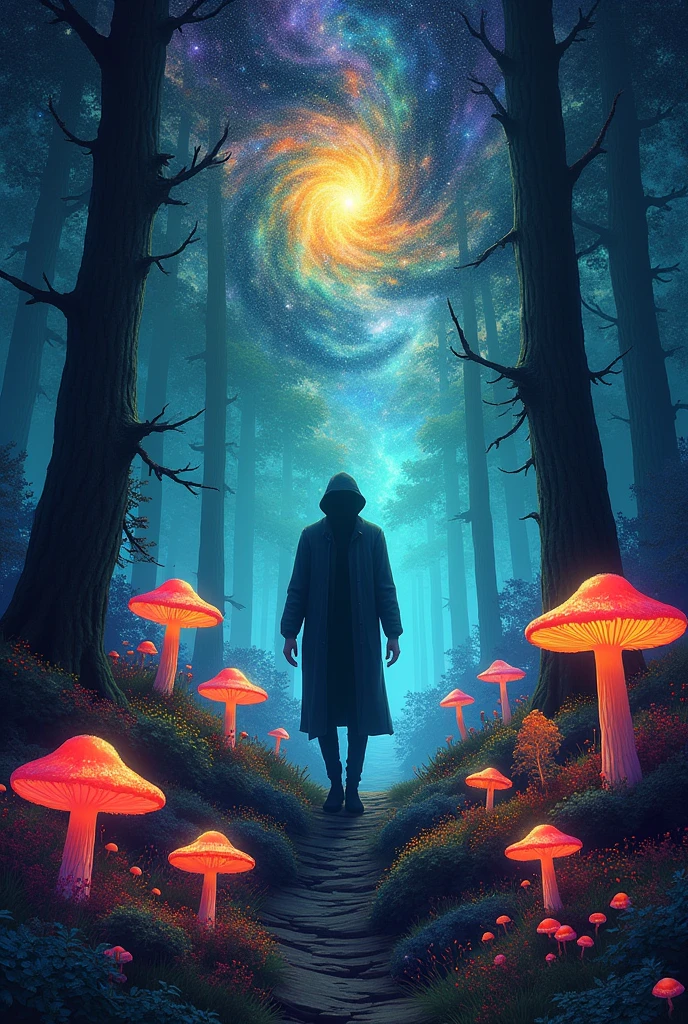 Create the image of some human being or some humanoid. You don't need to show the face. It can be the silhouette of that person in a colorful forest of mushrooms and above it a direction as if the person were going into space with psychedelic images of the Interlar universe, a spiritual connection and try to make a somewhat dark image.