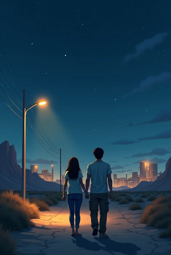 Desert factory city. Middle of the desert factory city beside desert bushes. Lone street with sodium street light. Couple walking holding each others hand. Night is starry. Weather is light cold and a bit foggy. Beautiful Girl age 32, weight 55kg, hight 5'2", straight hair, full sleeve t-shirt and jeans. handsome man age 34, weight 85kg, hight 5'7"straith silky hair, wearing t-shirt and cargo pant. Man has straight silky 6" hair. Its a road in factory city, girl wearing full sleeve. Real image.
