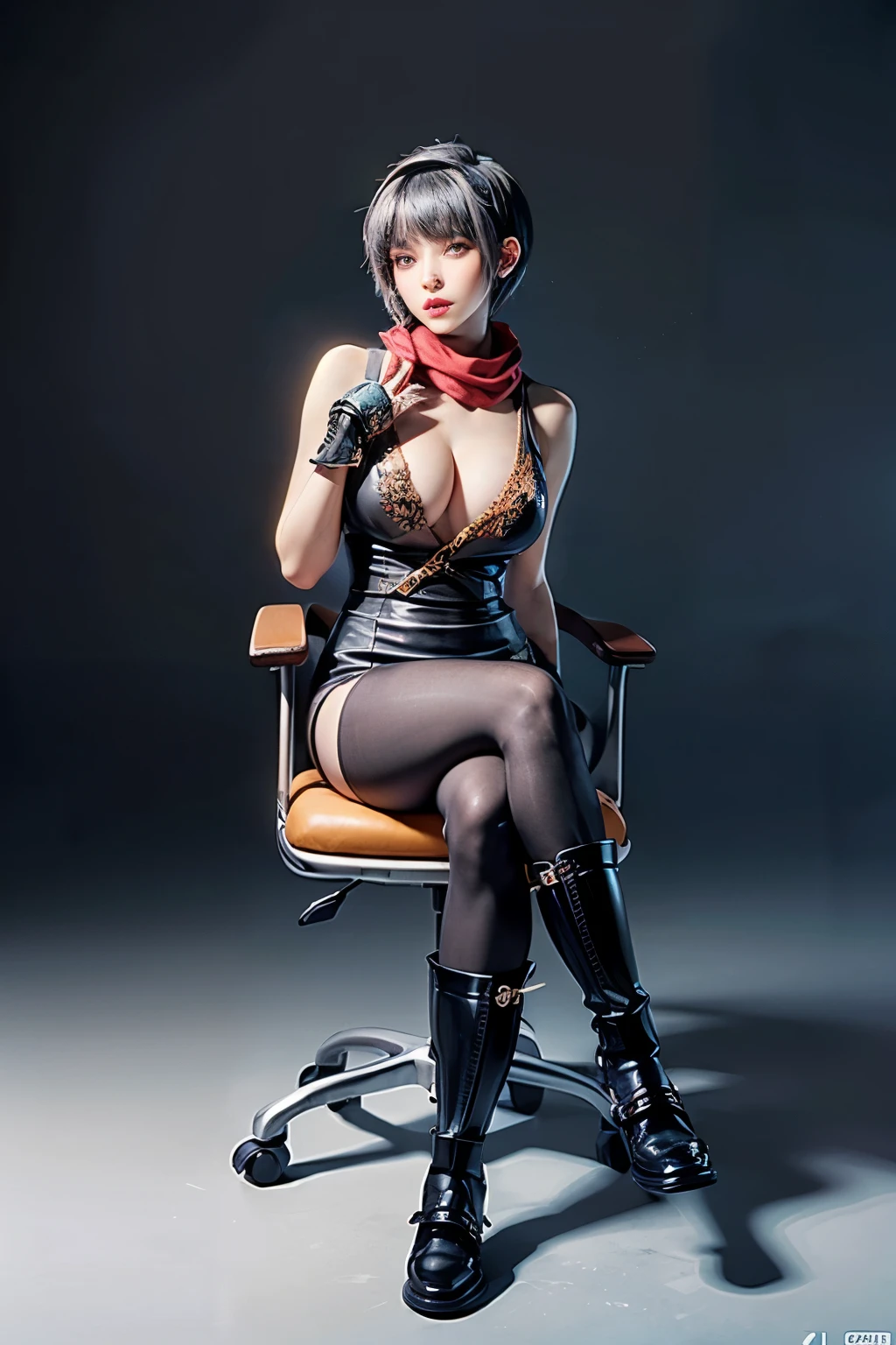 (RAW shooting:1.2, Photoreal:1.5, 8k, highest quality:1.2, masterpiece:1.2, ultra high resolution:1.2), (perfect dynamic composition:1.2, Highly detailed skin and facial textures:1.2,beautiful and aesthetic:1.2, full body:1.2, Fair skin:1.2), (large breast:1.4, Chest gap:1.4), (perfect limbs:1.2), (perfect fingers:1.2),(1girl:1.2,tall:1.2,sexy:1.2,asian:1.2,glamour:1.2,makeup:1.2),(sitting:1.2,chair:1.2,legs together:1.2),(earrings:1.2),(ragnarok_ninja:1.2),(red ninja scarf:1.2),(black short hair cut:1.2),(hairband:1.2),(simple background:1.2),(thigh tights:1.2),(ninja boots:1.2),