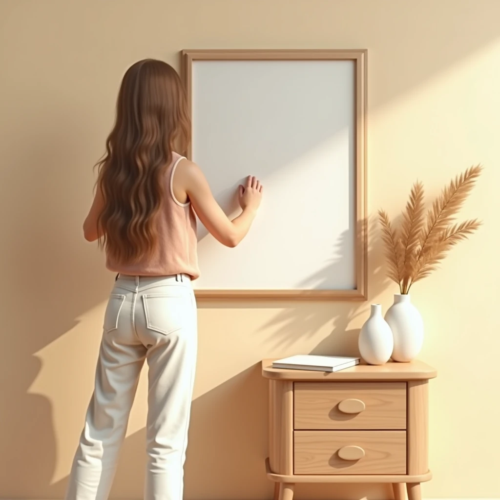 A stylish, minimalistic interior scene featuring a wooden side table with rounded edges. On the table is a framed vertical picture with a blank canvas, placed slightly leaning against a beige wall. A person with long hair, wearing a sleeveless top and white pants, is seen adjusting the frame, but the focus is mainly on the frame and the interior decor. The overall color scheme is warm and neutral, with soft lighting that enhances the cozy and modern atmosphere. There are decorative items like a vase and a book on the table