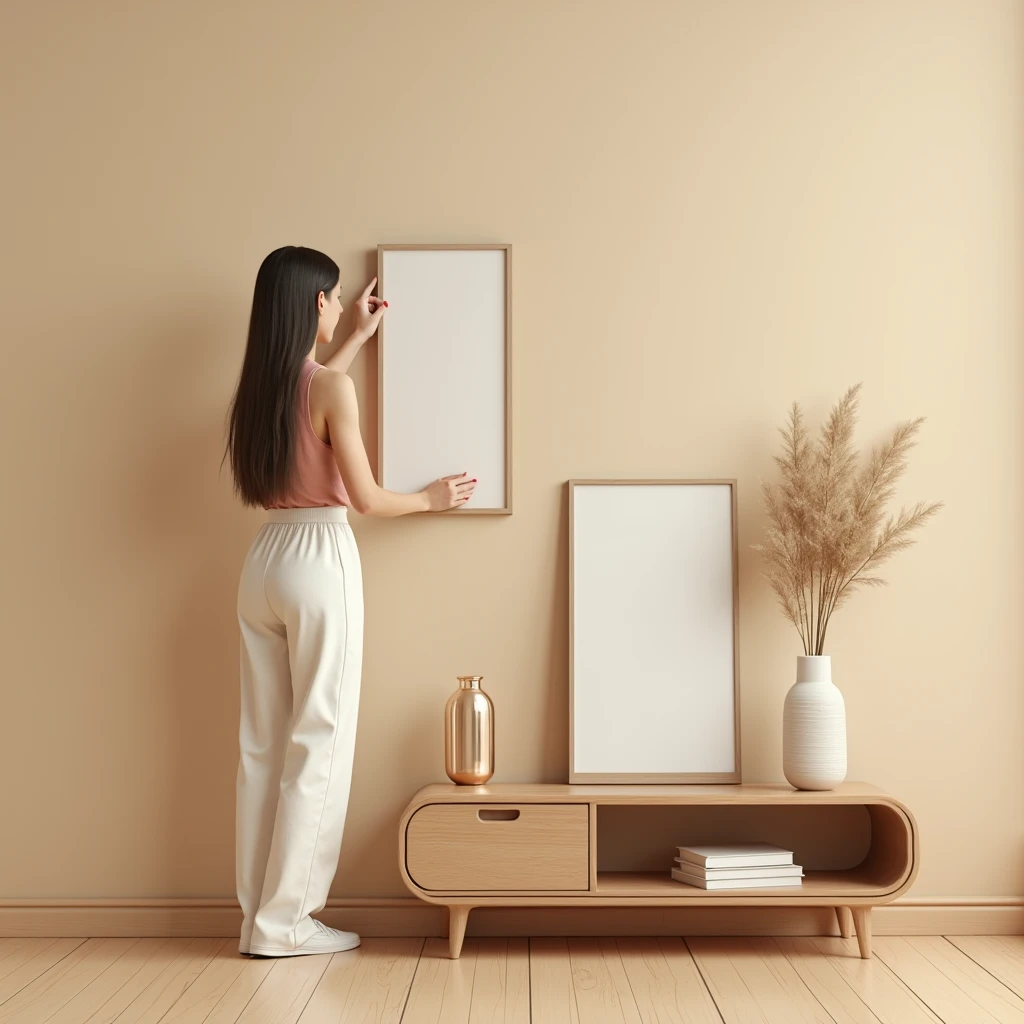 A stylish, minimalistic interior scene featuring a wooden side table with rounded edges. On the table is a framed vertical picture with a blank canvas, placed slightly leaning against a beige wall. A person with long hair, wearing a sleeveless top and white pants, is seen adjusting the frame, but the focus is mainly on the frame and the interior decor. The overall color scheme is warm and neutral, with soft lighting that enhances the cozy and modern atmosphere. There are decorative items like a vase and a book on the table