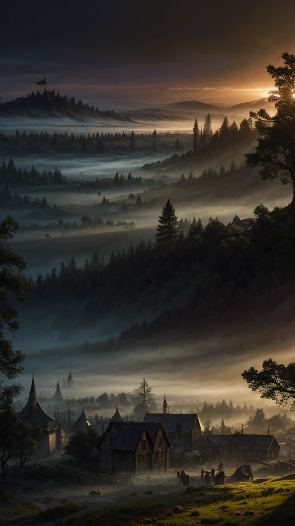 realistic dark oil painting of a medieval village at sunrise, moss, mist, misty, Eyeshadow, misterious, myth, dark, Light shining through the forest, surrounding, Depth of Field, Volumetric Lighting, Movie Lighting, Moody, heavy darkness, Black sky, low angle perspective, Courtesy of Evander Earle