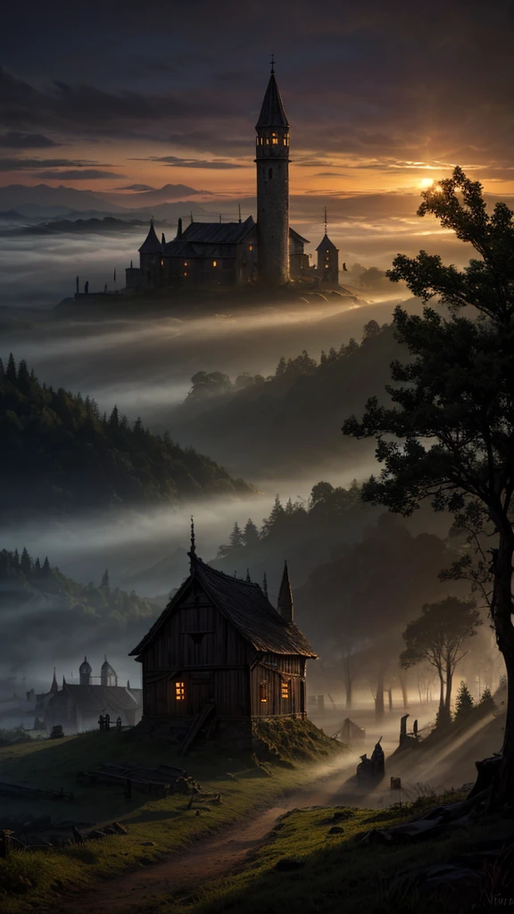 realistic dark oil painting of a medieval village at sunrise, moss, mist, misty, Eyeshadow, misterious, myth, dark, Light shining through the forest, surrounding, Depth of Field, Volumetric Lighting, Movie Lighting, Moody, heavy darkness, Black sky, low angle perspective, Courtesy of Evander Earle