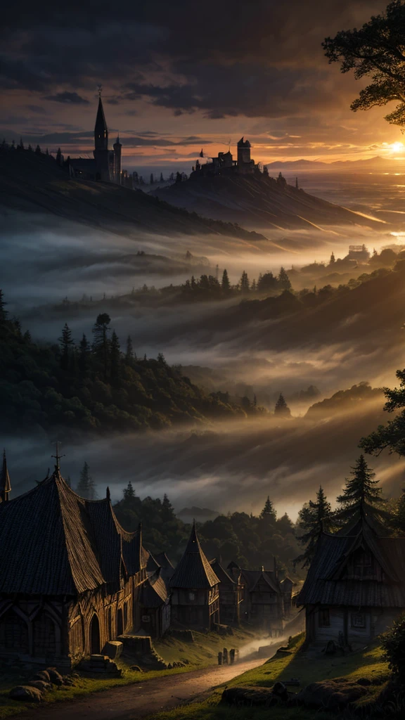 realistic dark oil painting of a medieval village at sunrise, moss, mist, misty, Eyeshadow, misterious, myth, dark, Light shining through the forest, surrounding, Depth of Field, Volumetric Lighting, Movie Lighting, Moody, heavy darkness, Black sky, low angle perspective, Courtesy of Evander Earle