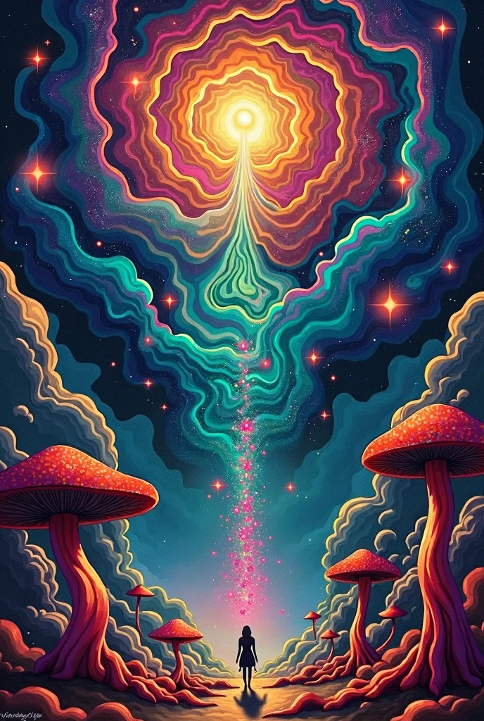 Create an image by mixing graffiti with the universe space psychedelic things mushroons spiritual intergalactic a connection with the beyond and the dark universe