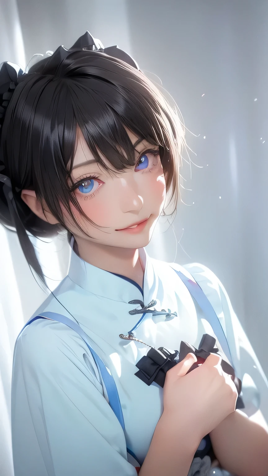 Highest quality、Realistic、、zoom、Women、a little child、cute、Light grey eyes、Black Hair、Bun hair style、Tanned brown skin、Dark Skin、Light blue Chinese dress、No sleeve、Captivating smile、Bust Shot、Small breasts