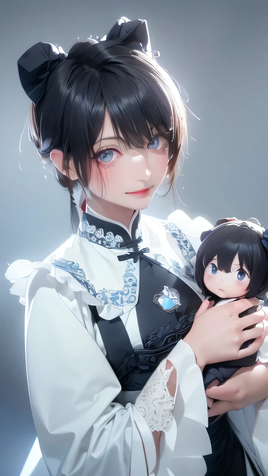 Highest quality、Realistic、、zoom、Women、a little child、cute、Light grey eyes、Black Hair、Bun hair style、Tanned brown skin、Dark Skin、Light blue Chinese dress、No sleeve、Captivating smile、Bust Shot、Small breasts