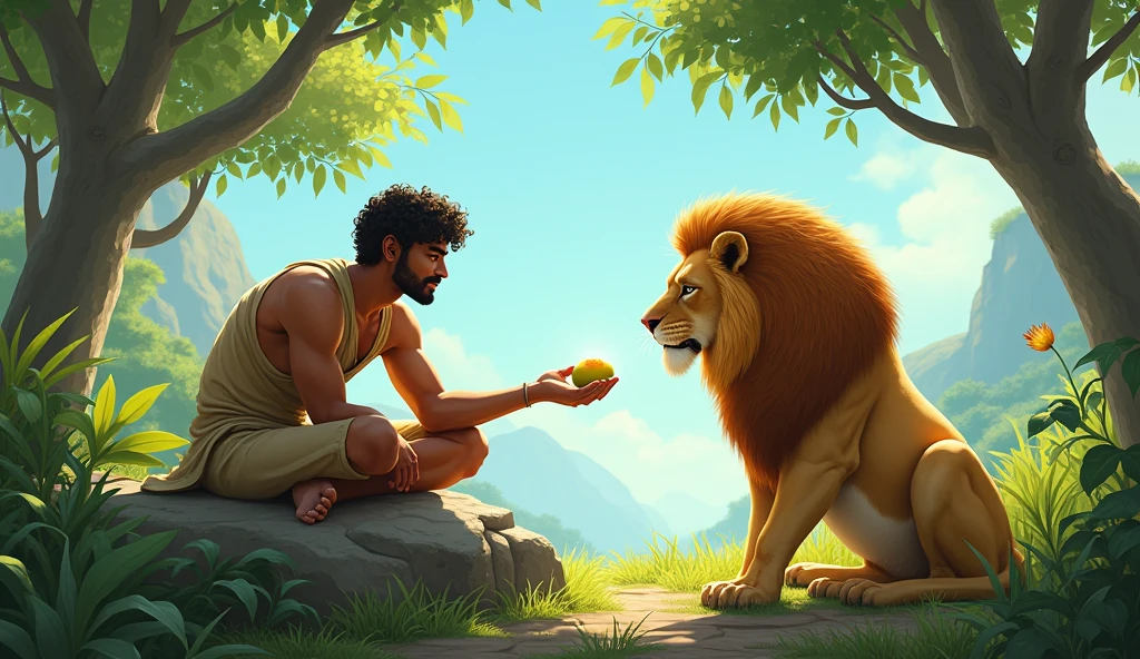 Raju sits on a large rock, sharing food with the lion. He holds out a piece of fruit, and the lion gently takes it from his hand. The background shows a serene jungle setting with trees and a clear blue sky."