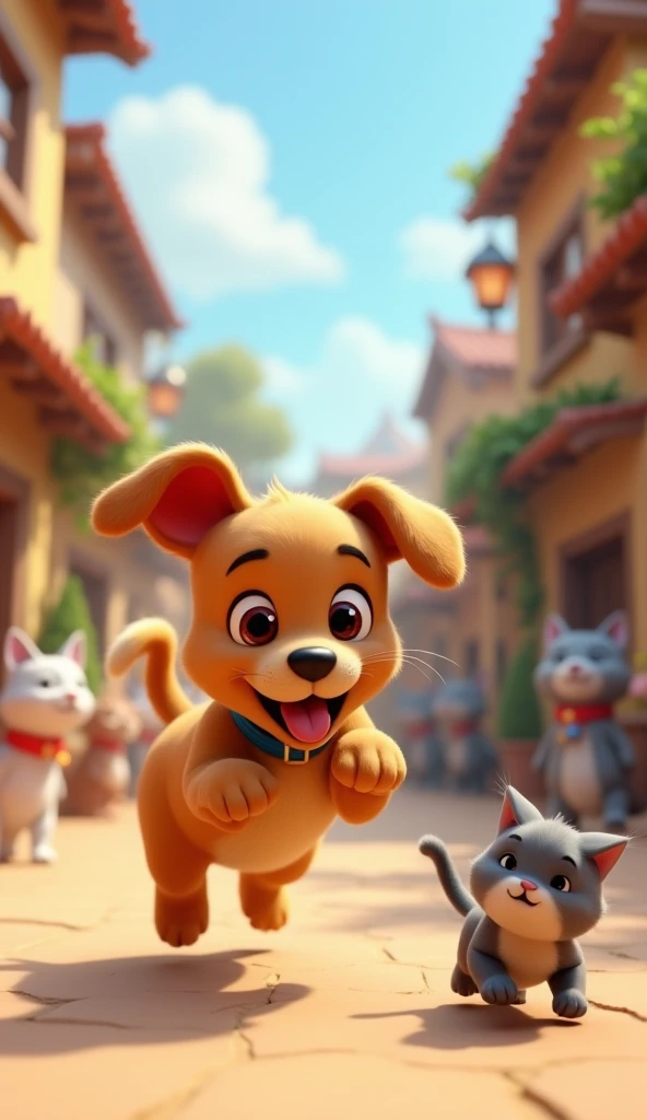 Cartoon anime 3D characters of A playful puppy with soft brown fur and big floppy ears chases after the cat. His tongue is out, and his tail is wagging excitedly. The village scene is lively, with other animals watching the playful chase.