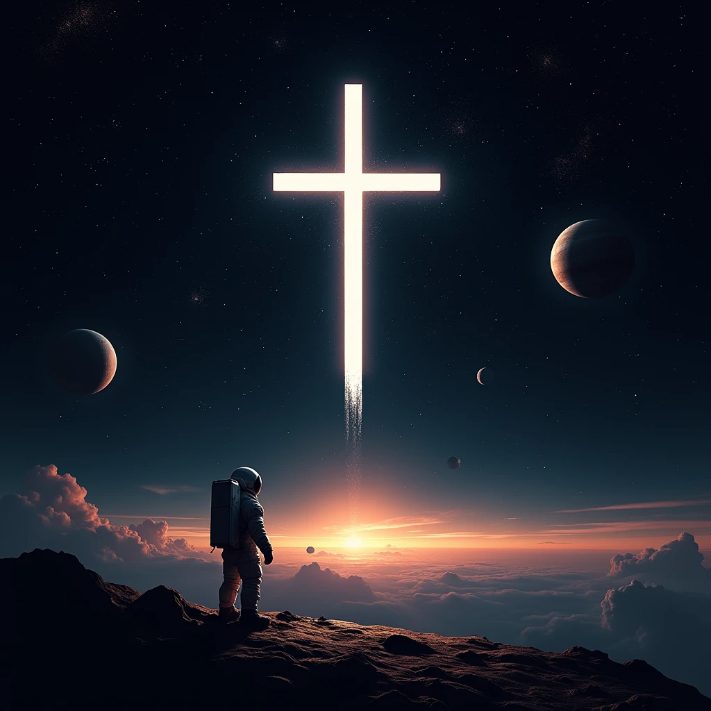 The Cross , in outer space , planets , Stars and an Austronaut , 