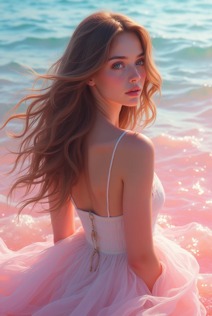 sea background, with pink would be with long wavy hair and light brown