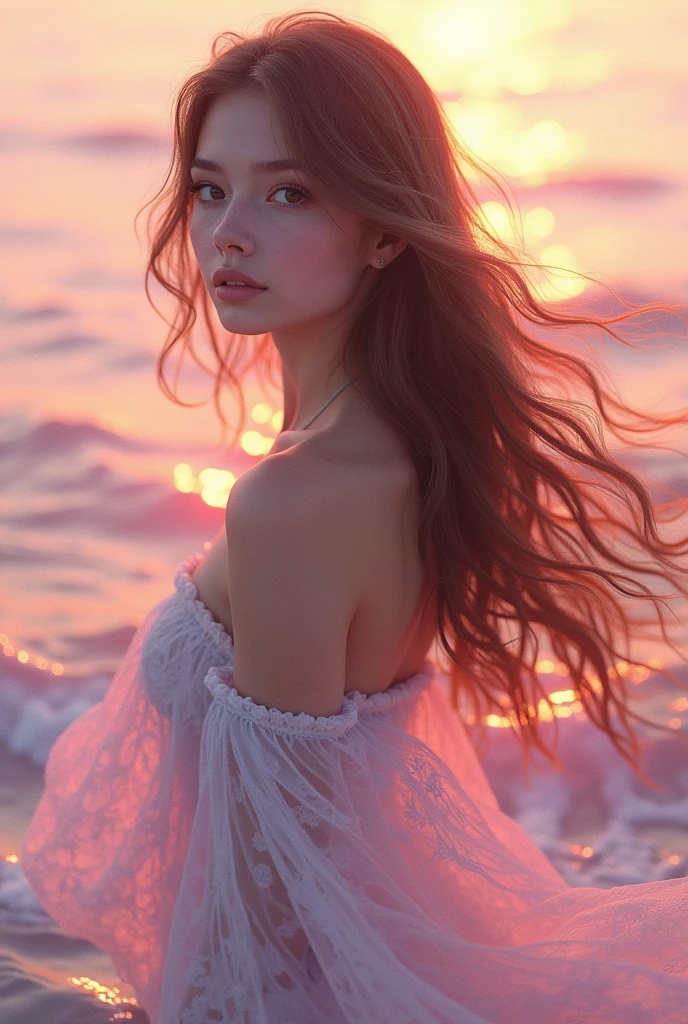 sea background, with pink would be with long wavy hair and light brown
