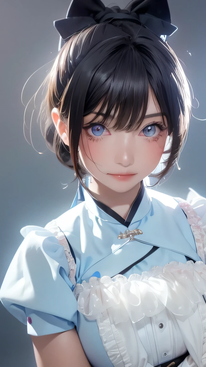 Highest quality、Realistic、、zoom、Women、、cute、Light grey eyes、Black Hair、Bun hair style、Tanned brown skin、Dark Skin、Light blue Chinese dress、No sleeve、Captivating smile、Bust Shot、Small breasts