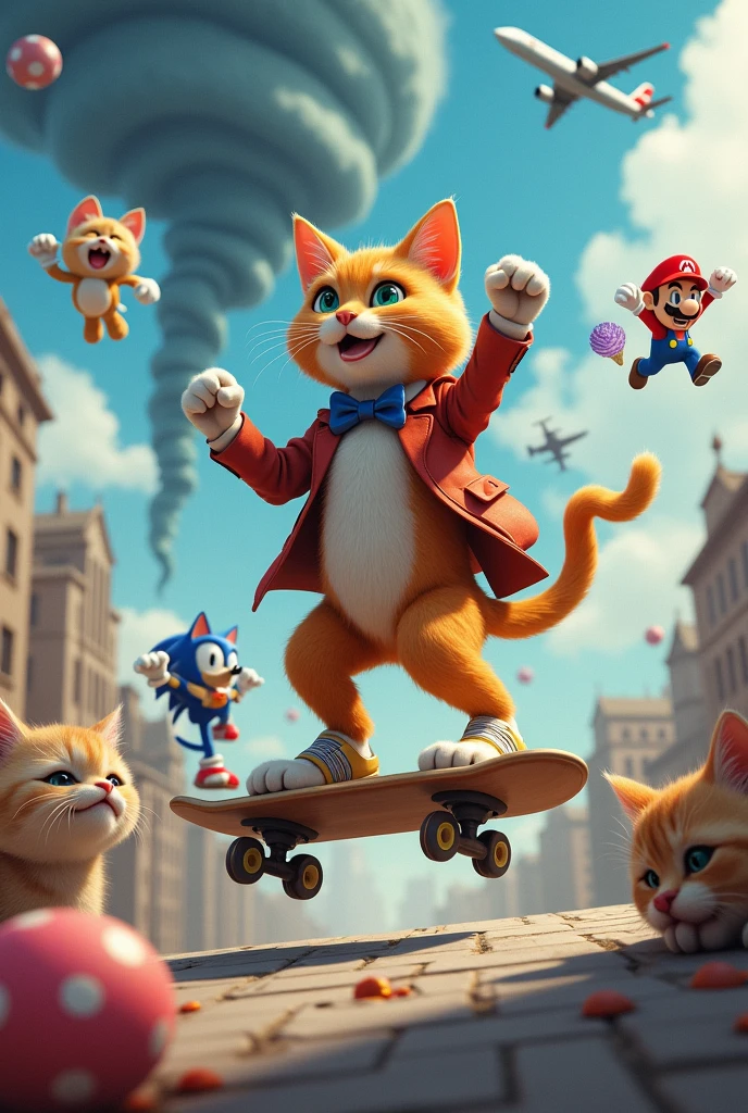 Cat on a skateboard doing dances while a plane flies over a building and another cat eating ice cream while a tornado And then the fog comes and Sonic and Mario appear to fight and Sonic kicks Mario and Mario flies out and falls into Chile and eats a pizza
