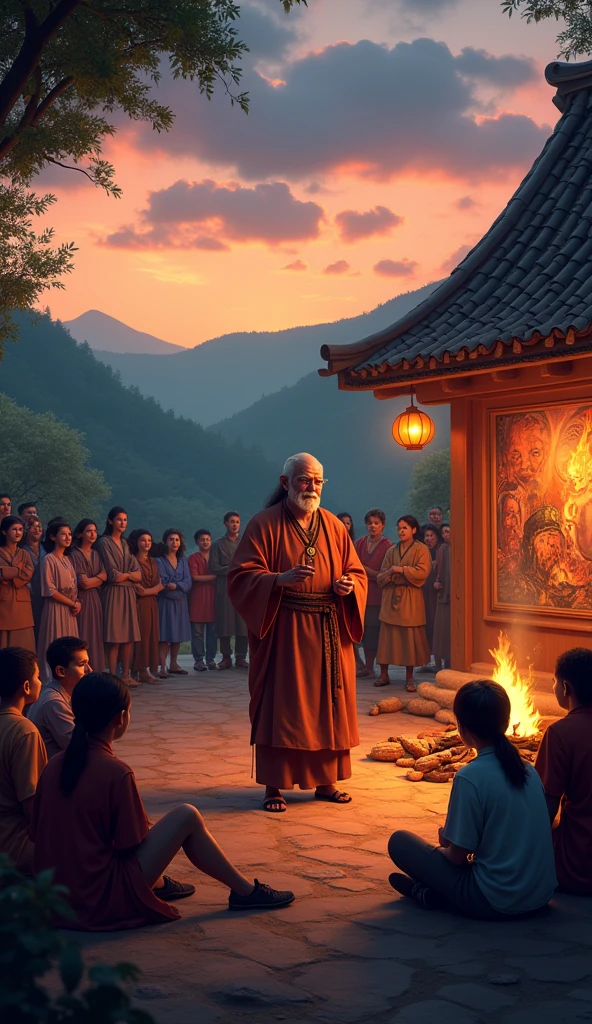 In a quaint village surrounded by rolling green hills, the twilight sky is painted in warm hues of orange and purple. The village square is bustling with activity as the villagers gather around a central fire, their faces illuminated by its flickering glow.

At the center of the gathering, an elderly storyteller, dressed in traditional village attire, stands on a small wooden platform. With a commanding presence and a voice filled with warmth, he recounts the legendary tale of **Vortex** and the **Unicorn**. His hands gesture animatedly, and his eyes sparkle with excitement as he describes the heroes' valiant deeds.

The villagers, young and old, listen with rapt attention. Children sit cross-legged on the ground, their eyes wide with wonder, while adults lean in closer, their expressions a mix of pride and reverence. The storyteller's words are accompanied by gestures, mimicking the grand battles and magical moments that defined Vortex's and the Unicorn's heroic journey.

Nearby, a beautifully crafted mural on the side of a village building depicts Vortex and the Unicorn in vivid detail. The mural shows Vortex, with his dark, flowing hair and imposing sword, standing side by side with the Unicorn, its white, shimmering coat and elegant horn glowing with an ethereal light. Together, they are shown in a heroic pose, battling dark forces and protecting the village.

The atmosphere is filled with a sense of community and admiration. The fire crackles softly, and the air is filled with the scent of roasting meat and fresh bread, adding to the cozy, celebratory ambiance. Lanterns hang from the trees, casting a soft, warm light over the scene, enhancing the feeling of a cherished tradition being passed down through the generations.

The scene beautifully captures the village’s deep appreciation for Vortex’s and the Unicorn’s heroism, highlighting the enduring impact of their deeds and the sense of unity and pride they inspire in the community.







