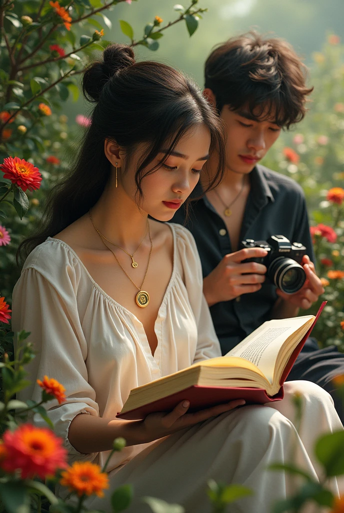 A fat girl is sitting alone among the flowers reading a book and a boy is taking her photo with a camera.and A locket of r name comes around the girl's neck and a d name da locket comes around the boy's neck boye tek her pitcher Frome ina distence