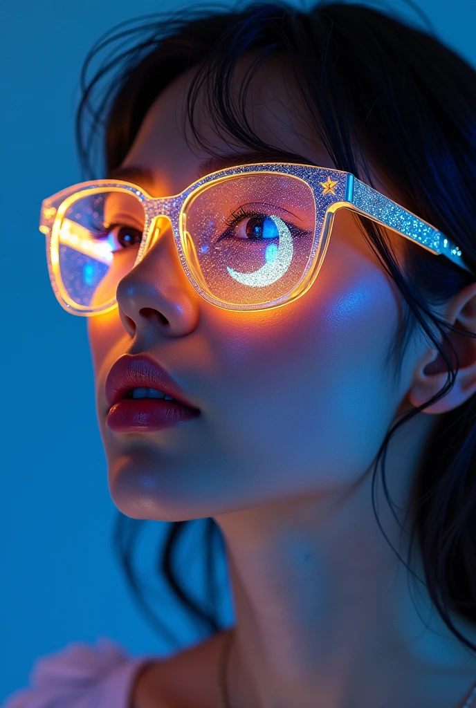 model wearing vitreous sunglasses with star and moon in the glass, in the style of dark sky-blue and light yellow, minimalist pen lines, fairy kei, use of precious materials, vibrant and lively hues, captivating, glitter