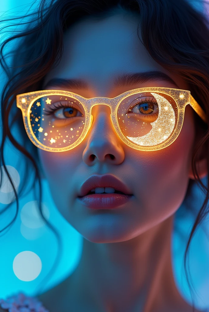 model wearing vitreous sunglasses with star and moon in the glass, in the style of dark sky-blue and light yellow, minimalist pen lines, fairy kei, use of precious materials, vibrant and lively hues, captivating, glitter 