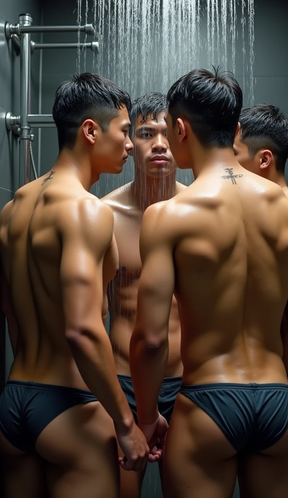 A group of naked Asian boys 18 yrs taking shower together at the fitness bathroom. They’re cuddling and kissing each other passionately. Big bulge , suck dicks , fuck from behind. Soaking wet bodies.