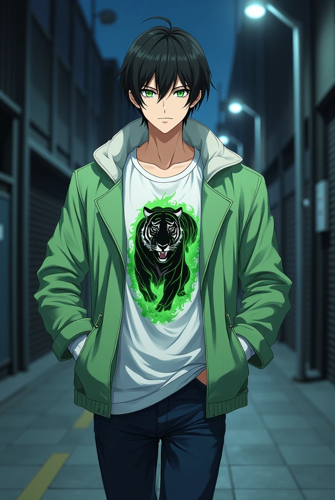 A  anime handsome guy with flashy green eyes , both hands in jacket's pockets, a light green fit jacket with white lined on it and a white t-shirt with a picture of black tiger burning in green flames in the middle of that . black neat hair , jacket hat covers his head so his face is hidden in its shadow . a strong body as a sign of exerciser being , while walking to you and poser . dark blue jean . white skin , in night view on a quiet street
