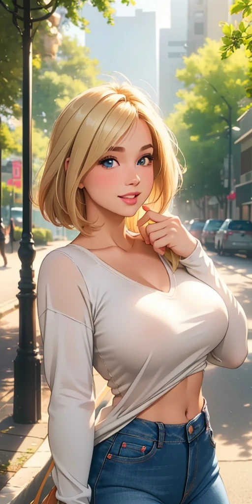 (best quality, ultra-detailed, photorealistic: 1.39), Face of naughty 2 ager, bright and vibrant colors, studio lighting, romantic expression, Perfect big breasts, cute blouse, long sleeves, jeans, Short blonder hair, bob style, bangs flowing in the wind, attractive eyes, lips bright, sexy pose, smiling seductively, posing for a professional photo shoot, shallow depth of field, soft natural lighting, creating a romantic and magical atmosphere, street, summer, sunny day, trees