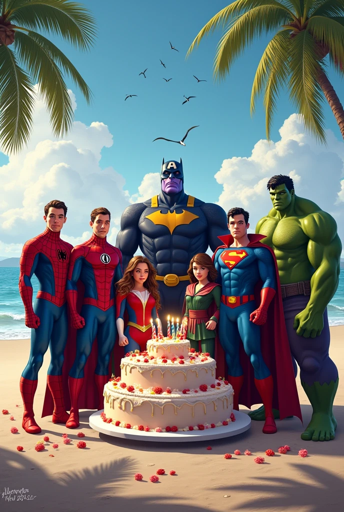 Spiderman, batman , captain america , superman, doctor strange, hulk, celebrating birthday with Thanos with cake on beach