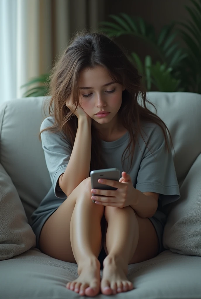 A tired young girl with disheveled long hair sits on a light gray sofa, her expression indicating exhaustion. She holds a smartphone in one hand while her other hand supports her head. She wears a loose-fitting gray t-shirt and has bare feet resting on the couch. The background is softly blurred, emphasizing her relaxed and weary demeanor. advertising big head, .