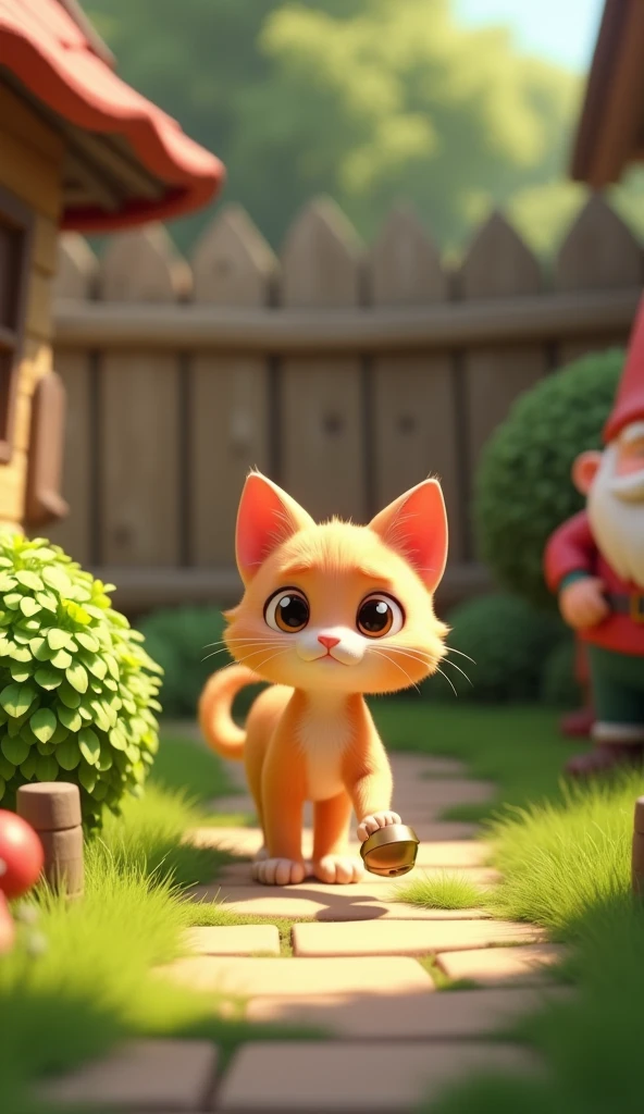 Cartoon anime 3D characters of The cat looks worried as she searches for her missing bell. She peeks under bushes, climbs on fences, and checks behind a garden gnome. The atmosphere is tinged with concern as she can't find it.