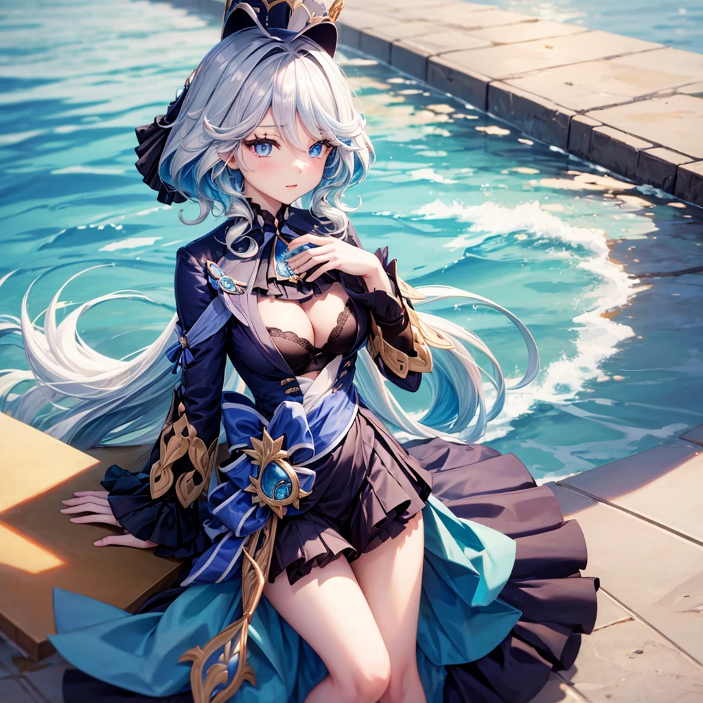 (best quality, masterpiece), 1 girl,long hair, full body, looking at the viewer,furina genshin Impact,water,Using a bra, cute small face, extra Dense and large breasts , white background