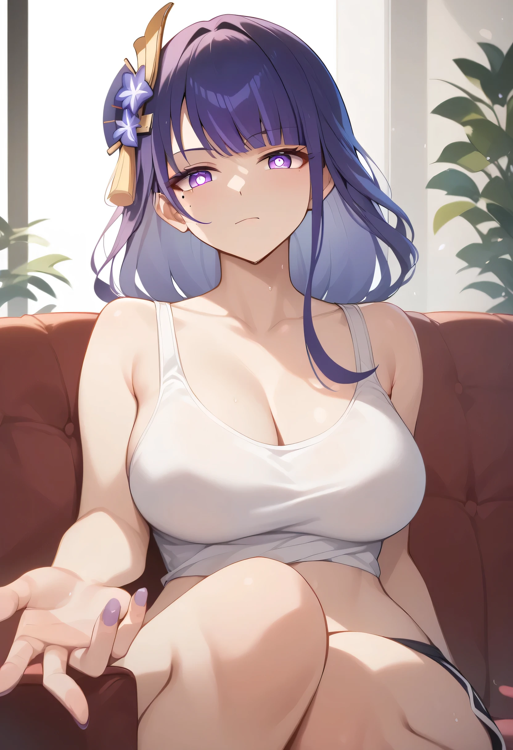 1 girl, Raiden Shogun, curvy, tall, busty, light blue pupils, white tank top, black gym short, living room, on sofa, cold stern face, BREAK (masterpiece:1.2), best quality, high resolution, unity 8k wallpaper, (illustration:0.8), (beautiful detailed eyes:1.2), extremely detailed face, perfect lighting, extremely detailed CG, (perfect hands, perfect anatomy)
