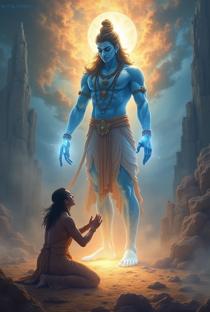 एक दिव्य प्रकाश से घिरे मार्कण्डेय, भगवान शिव के चरणों में नतमस्तक होकर आशीर्वाद प्राप्त करते हुए।