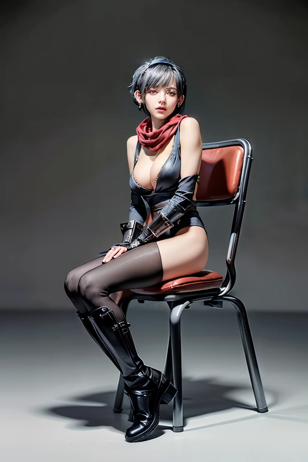 (RAW shooting:1.2, Photoreal:1.5, 8k, highest quality:1.2, masterpiece:1.2, ultra high resolution:1.2), (perfect dynamic composition:1.2, Highly detailed skin and facial textures:1.2,beautiful and aesthetic:1.2, full body:1.2, Fair skin:1.2), (large breast:1.4, Chest gap:1.4), (perfect limbs:1.2), (perfect fingers:1.2),(1girl:1.2,tall:1.2,sexy:1.2,asian:1.2,glamour:1.2,makeup:1.2),(sitting:1.2,chair:1.2,legs together:1.2),(earrings:1.2),(ragnarok_ninja:1.2),(red ninja scarf:1.2),(black short hair cut:1.2),(hairband:1.2),(simple background:1.2),(thigh tights:1.2),(ninja boots:1.2),