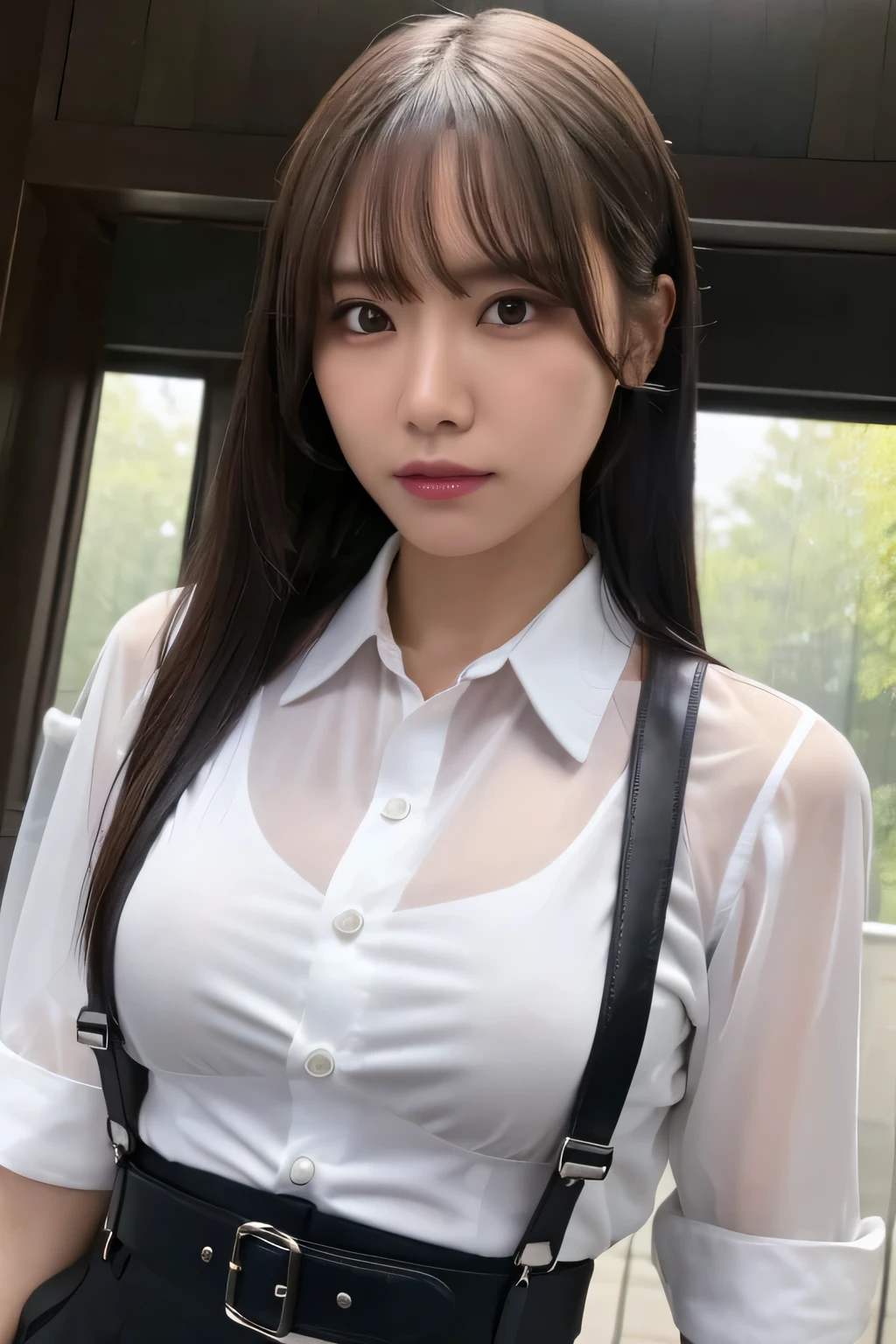(Sexy pose),
(Highest quality, 8k, 32k, masterpiece, Ultra-high resolution:1.2), Cute Japanese Girl, (Huge breasts:1.4), Long black hair, bangs, (My whole body is wet:1.2),(Sweat is dripping:1.1),Idol,Natural Makeup,
(high school girl),(Wet transparent school uniform:1.3),(Your clothes are wet:1.4),(The clothes are transparent:1.4),(Clothes stick to the skin:1.4),Tight waist, (Outdoor, Main Street, blue sky,),Upper body close-up、Strong sunlight、