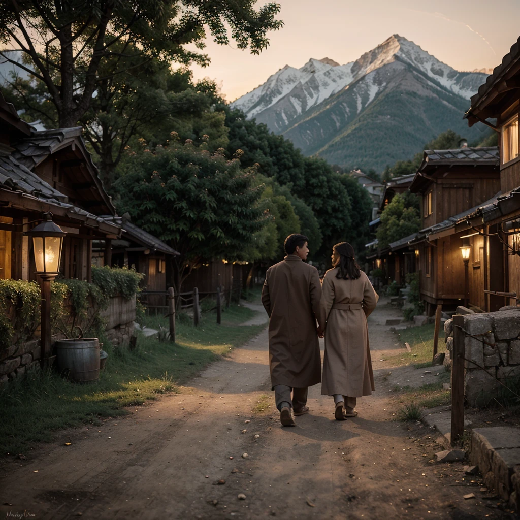 Returning to the Village
Prompt: Leo and Elder Mira walking back into the village at dusk, the mountain behind them in the distance. The village glows warmly with lanterns and small fires. Villagers greet them with smiles as Leo, now more mature and wise, looks confident and content. The trees around the village sway gently in the evening breeze. Size: 1024x1024