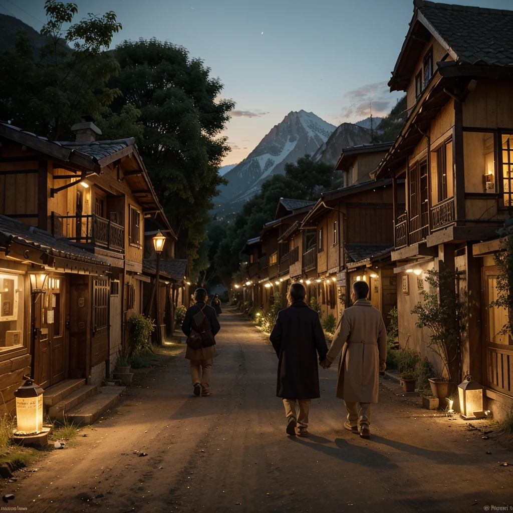 Returning to the Village
Prompt: Leo and Elder Mira walking back into the village at dusk, the mountain behind them in the distance. The village glows warmly with lanterns and small fires. Villagers greet them with smiles as Leo, now more mature and wise, looks confident and content. The trees around the village sway gently in the evening breeze. Size: 1024x1024