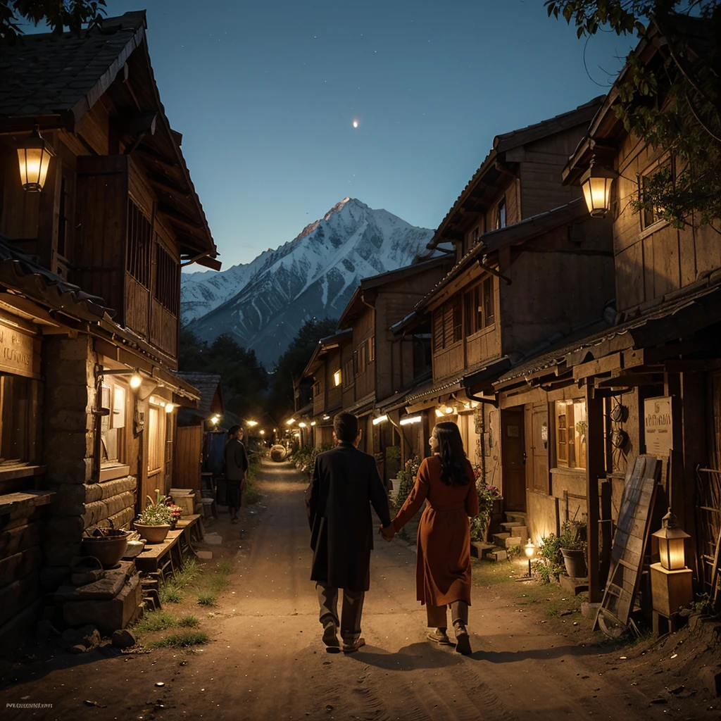 Returning to the Village
Prompt: Leo and Elder Mira walking back into the village at dusk, the mountain behind them in the distance. The village glows warmly with lanterns and small fires. Villagers greet them with smiles as Leo, now more mature and wise, looks confident and content. The trees around the village sway gently in the evening breeze. Size: 1024x1024