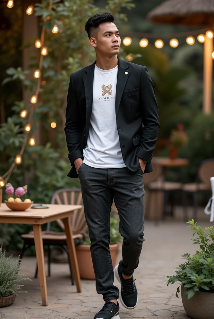 A handsome Indonesia man with a clean face, very short black hair with a slightly body athletic look on the sides, wearing a white t-shirt with a premium logo, with an open black jacket,Neat jeans, stylish sports shoes,Luxury picnic backdrop ,realistic hd 