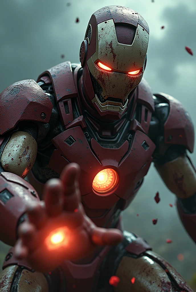 "A hyper-realistic close-up of a
terrifying Zombie Ironman, his
metallic armor rusted and decaying,
with patches of exposed,
decomposing flesh underneath. His
glowing eyes burn with a sinister red
light, contrasting against the dark,
stormy sky in the background.
Blood-stained metal shards are
embedded in his body, and his
gauntlets are covered in a mix of
blood and oil. Ironman's arc reactor
flickers weakly, with cracked and
shattered glass. He is in the midst
of a brutal battle, crushing an
opponent with one hand, while his
other hand charges a deadly
repulsor blast, sparking with erratic
energy. The overall tone is dark and
gritty, with deep shadows and high
contrast, making the scene feel
ominous and intense."