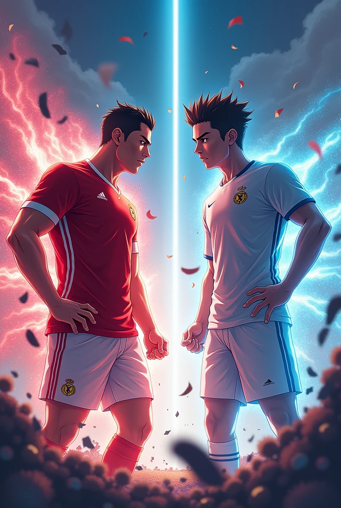 make me a picture of Cristiano ronaldo vs Jimmy donaldson aka mr.beast facing each other, with an anime style picture, make a picture with size 1280x720
