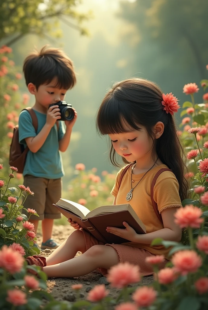 A fat girl is sitting alone among the flowers reading a book and a boy is taking her photo with a camera.and A locket of r name comes around the girl's neck and a d name da locket comes around the boy's neck boye tek her pitcher  Frome ina distence  boy in a long distance 


