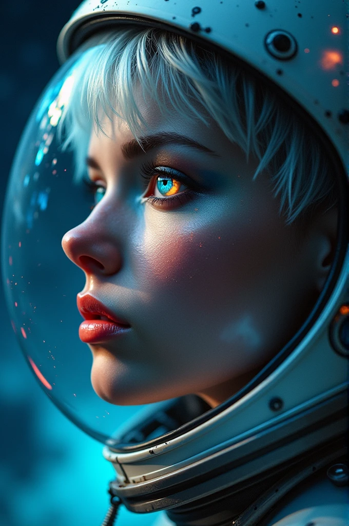(Close-up of a better masterpiece:1.5)0.9], (Space and astronauts:1.2) (Messy silver hair:1.1) (Heterochromia xanthochromia and blue eyes:1.2) (Space Helmet:1.0) (Colored stars in the eyes:1.0) (A radiant glow:1.1) (thick lips:0.9)