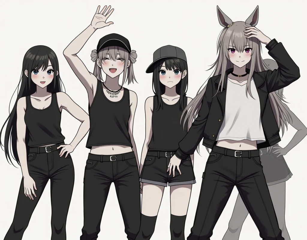 Photos of teenage girls wearing skater fashion. Everyone is wearing monochrome tank tops.. They are standing side by side, one person raising their hand. Mr.々It has a facial expression.