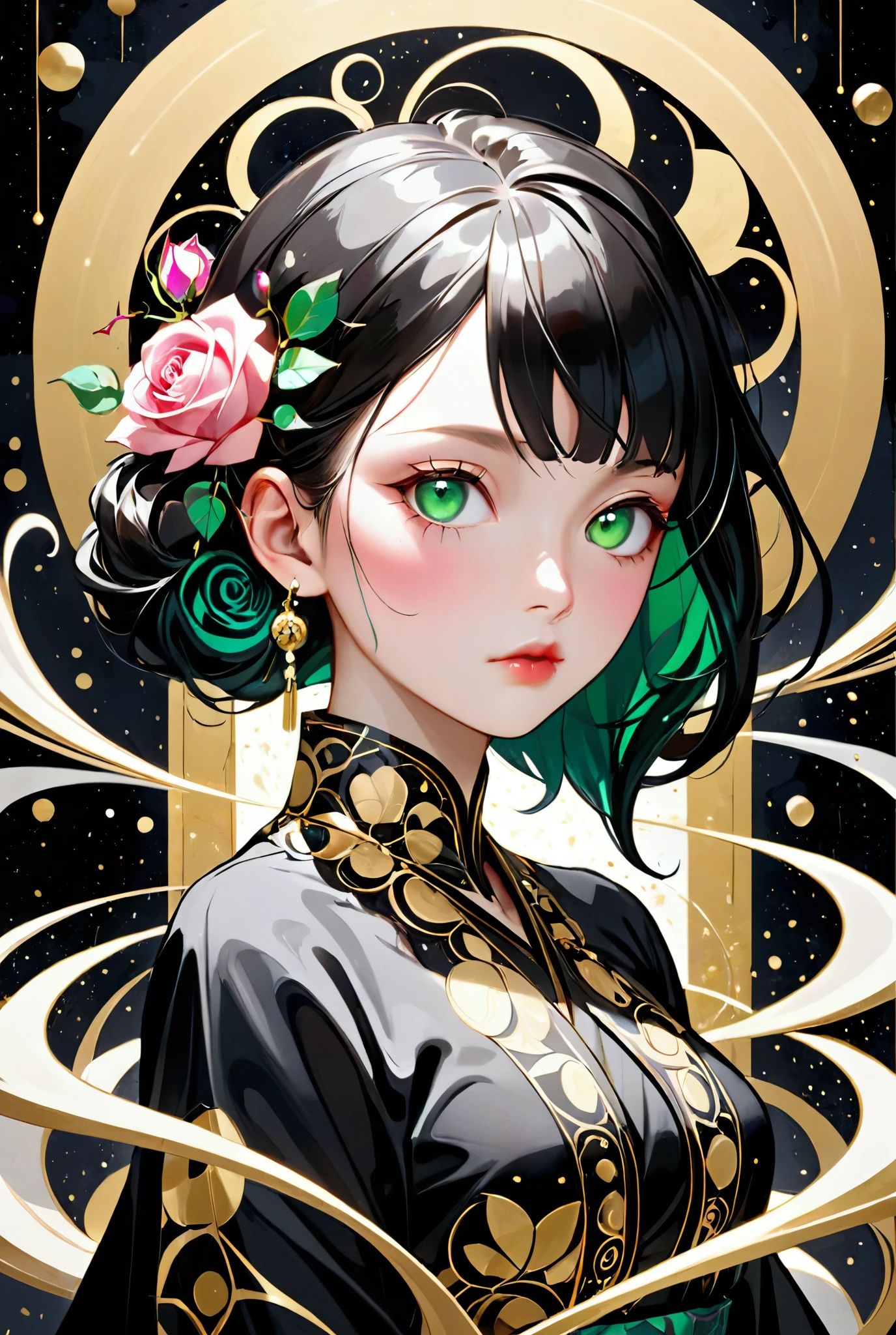 masterpiece, best quality, dynamic, cinematic, mystical, beautuful japanese girl, beautiful detailed eyes, beautiful detailed lips, extremely detailed eyes and face, long eyelashes, teacherly pose, advanced modern expressionism, rich textures, amalgamation of modern and classical influences, diverse materials, high contrast, pink rose, vivid colors, gold liquid splatter, emerald green background, breathtaking color palette, flowing elegance, sharp geometric symbolism, Leyendecker, Jackson Pollock splatter dynamics, Gustav Klimt ornamental gold, chiaroscuro, kaleidoscopic, multidimensional, ethereal glow, captivating uniqueness, surreal juxtapositions, visual symphony, unforgettable visual narrative, edgy, mathematical, simple-shaped vectors, highly modern, stylistic, polygonal abstraction, vector art, bold lines, minimalist color scheme, digital art, abstract geometry