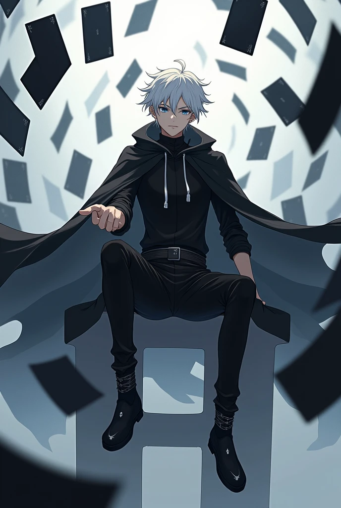create a male anime character with appearance and clothes like sasuke uchiha, Akatsuki, your main weapon is the use of cards like the tulbacaim from hellsing - the hair should not be too long, your outfit should be minimalist - the cards should be black with silver details. Clothing should follow the pattern of the anime Jujutsu Kaizen without belts or buttons., the cards must surround him, White hair, your hand is making movements controlling the cards, the clothes cover the whole body, ele utiliza um sobretudo Akatsuki, he is floating sitting on top of a large letter