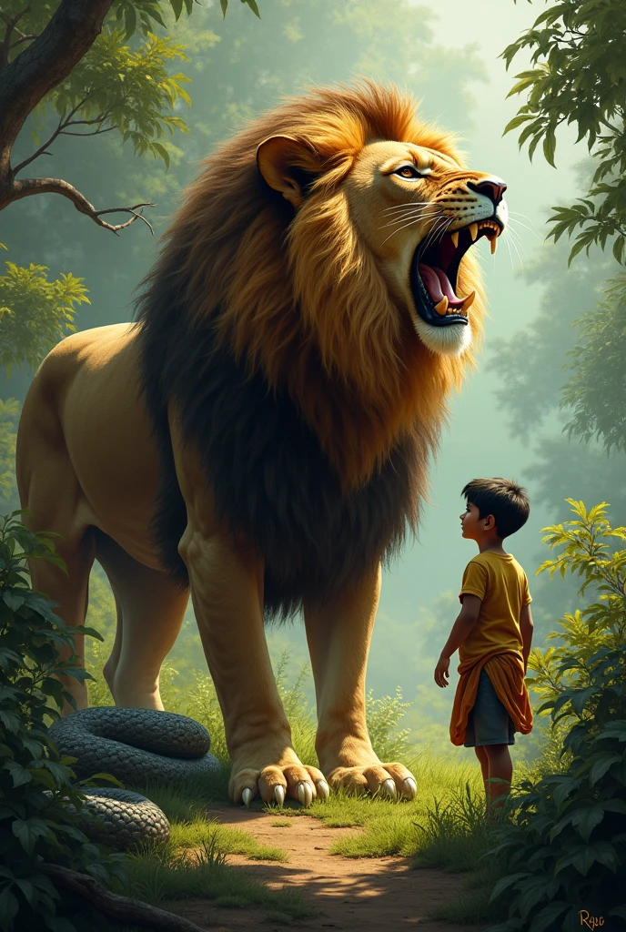 "A dangerous snake appears from the bushes. The lion stands protectively in front of Raju, roaring at the snake, while Raju looks on with trust and confidence."